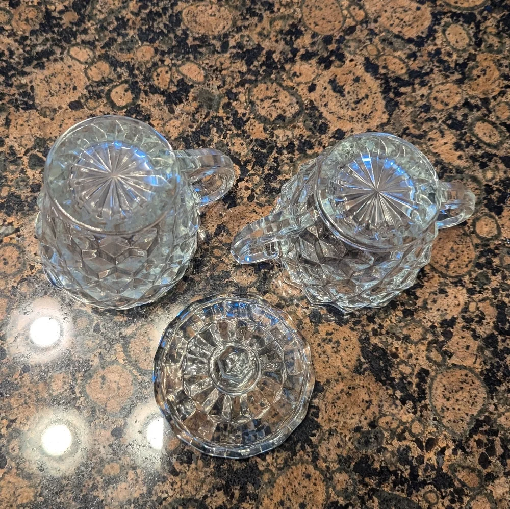 VTG Indiana Glass American Whitehall Creamer Sugar Set W Lid Cubist Pattern USA